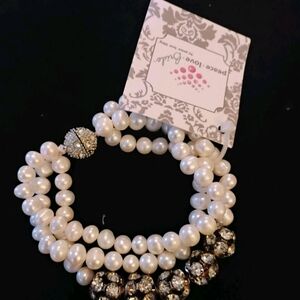 Peace Love Bling White Pearl Bracelet with Silver Beads